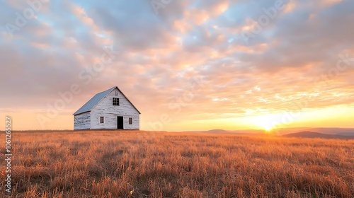 A serene house stands alone in a golden field at sunrise capturing the beauty of nature’s tranquility