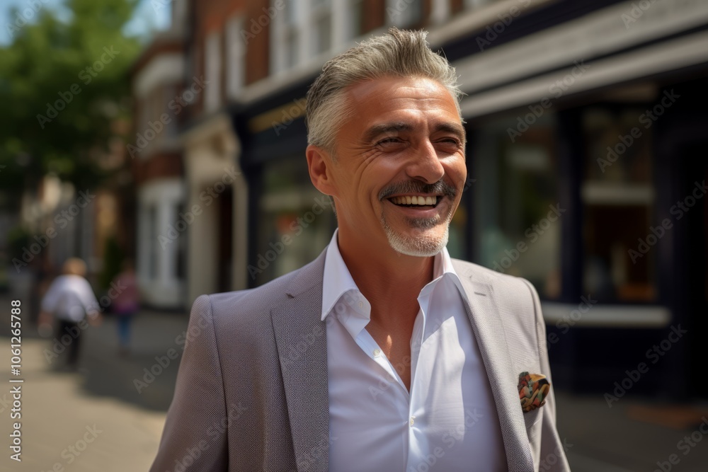 Handsome middle-aged man with gray hair and beard in a white shirt and jacket on the street