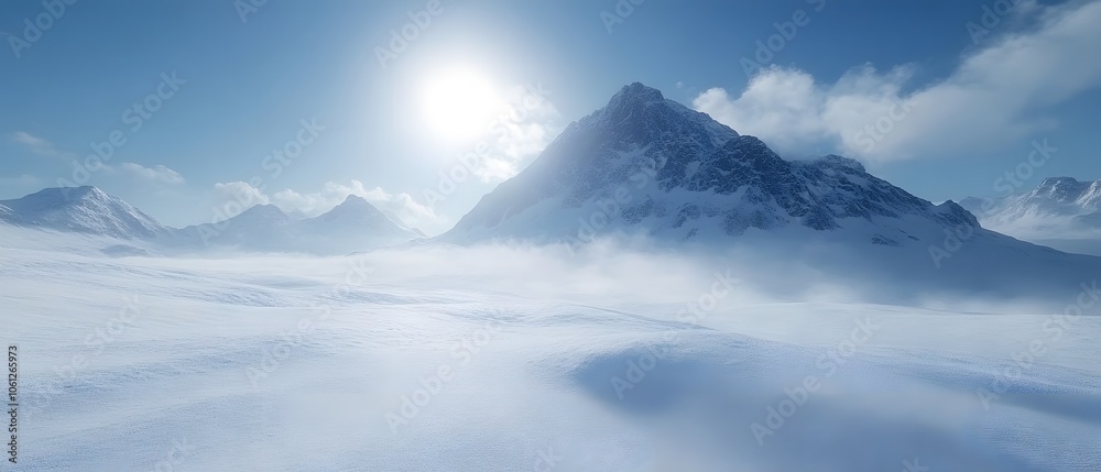 A serene winter landscape featuring snow-covered mountains and a bright sun. A serene winter landscape featuring snow-covered mountains and a bright sun.