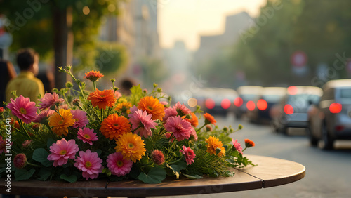 Striking Contrast Between Vibrant Flowers on a Table and Heavy Traffic in an Urban Setting