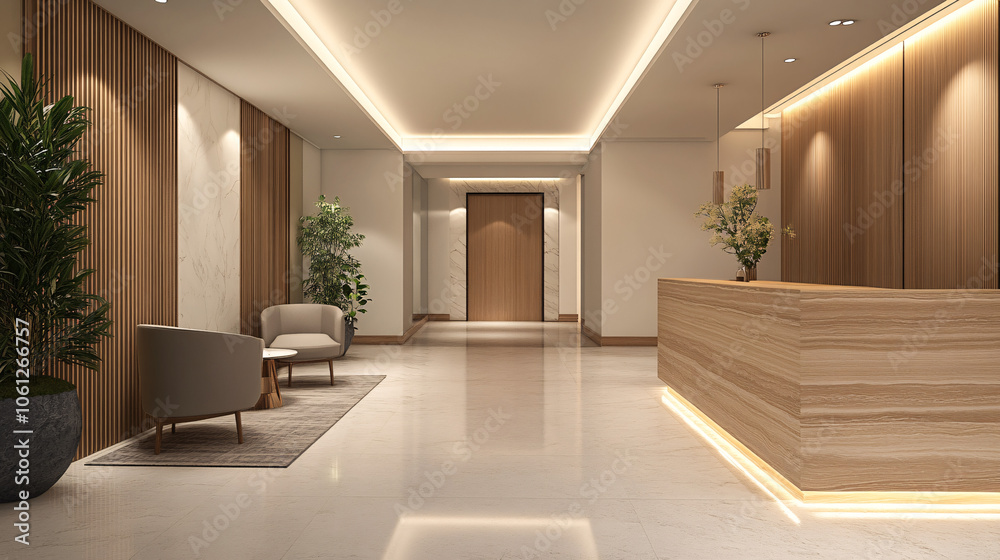 modern lobby interior with white walls and wooden accents modern lobby interior with white walls and wooden accents
