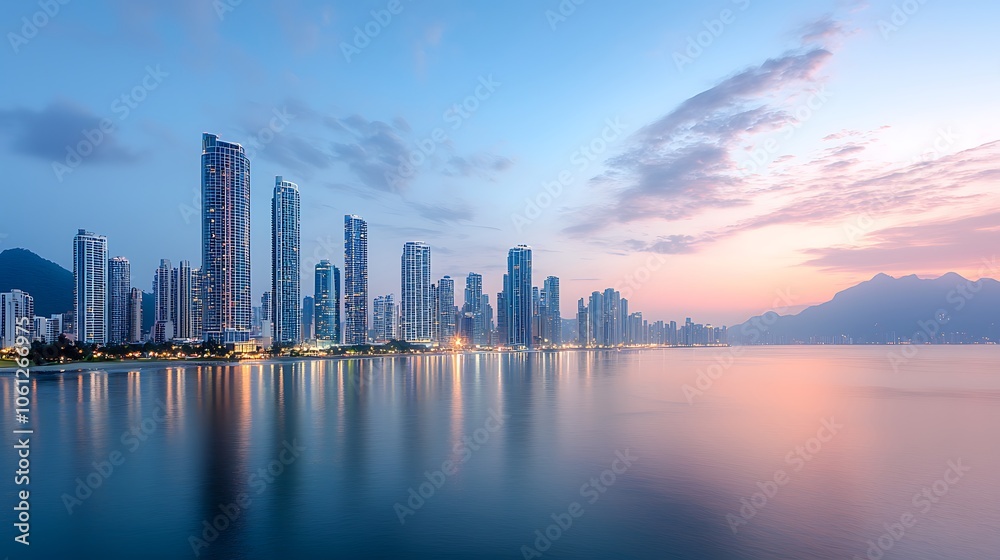 Obraz premium Urban skyline shines at dusk as reflections dance on tranquil waters