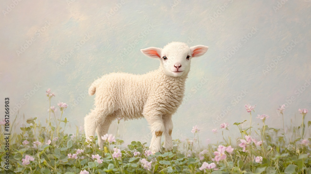 Adorable Lamb Standing in a Field of Pink Flowers Adorable Lamb Standing in a Field of Pink Flowers