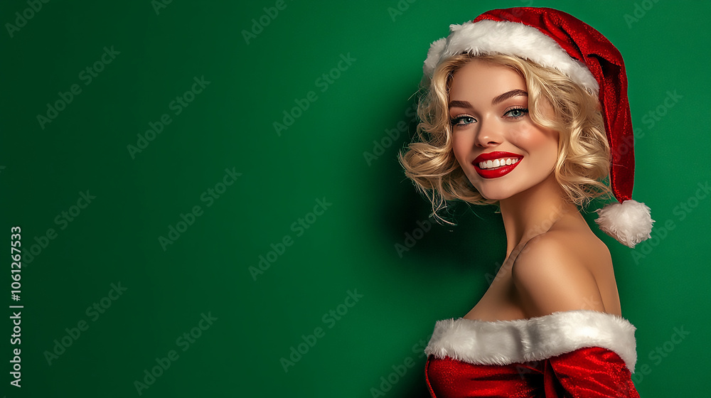 A beautiful Blonde Woman in a Santa Suit on a Green Background, copy space
A beautiful Blonde Woman in a Santa Suit on a Green Background, copy space