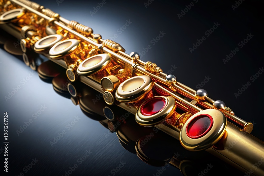 Fototapeta premium A golden flute, a symbol of music, rests on a black, timeless stage.