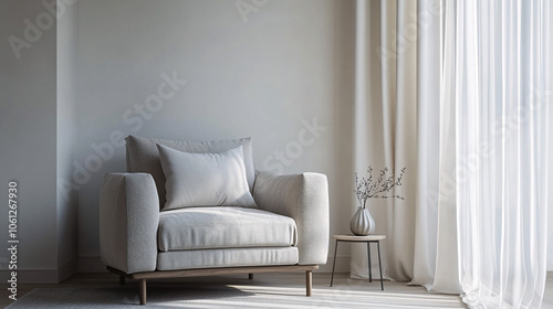 minimalist white living room with modern armchair and side table