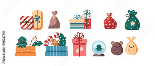 Cute Christmas gift icons flat color vector objects set. Collection of presents and toys for kids illustrations bundle on white background