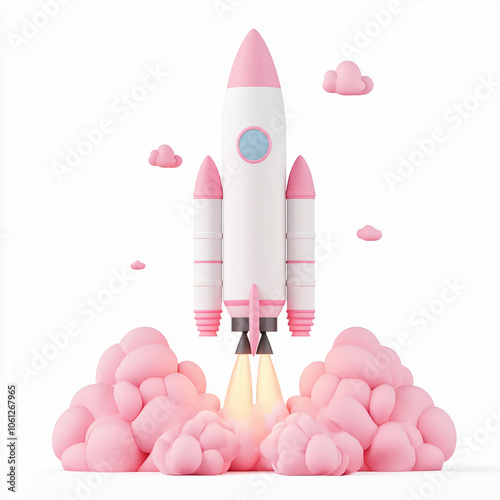 A whimsical rocket launching amidst fluffy pink clouds, embodying creativity and adventure in a playful, vibrant design.