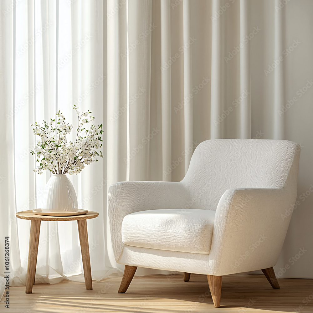 white armchair with flower arrangement in minimalist living room interior