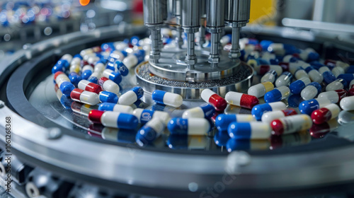 High speed pill encapsulation process with colorful capsules in motion, showcasing efficiency of pharmaceutical manufacturing photo