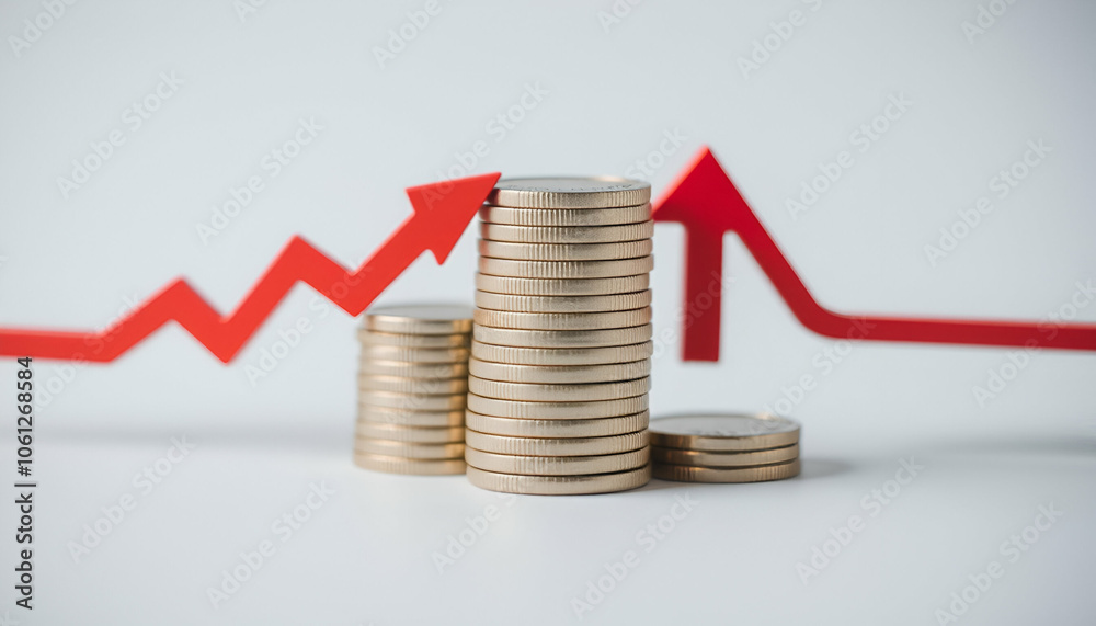Stacks of Coins with Upward Arrows Stacked coins with upward arrow graph representing financial growth. Concept of investment and business success white and gray background,
Stacks of Coins with Upward Arrows Stacked coins with upward arrow graph representing financial growth. Concept of investment and business success white and gray background,