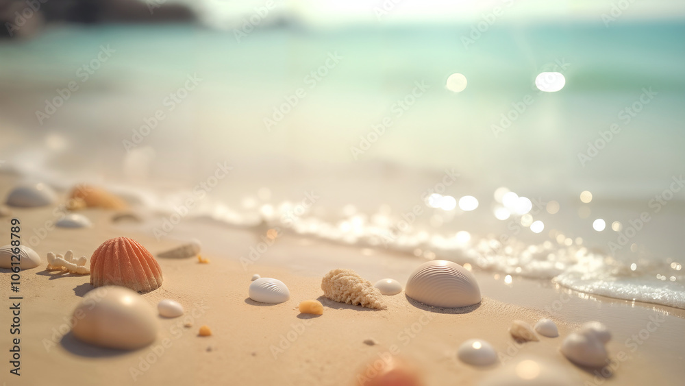 A Tranquil Small Corner of a Sandy Beach Dotted with Seashells and Gentle Waves Lapping at the Shore A Tranquil Small Corner of a Sandy Beach Dotted with Seashells and Gentle Waves Lapping at the Shore