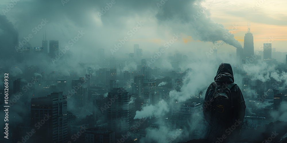 Foggy Cityscape with Heavy Pollution, Urban Area Shrouded in Smog and Mist Foggy Cityscape with Heavy Pollution, Urban Area Shrouded in Smog and Mist