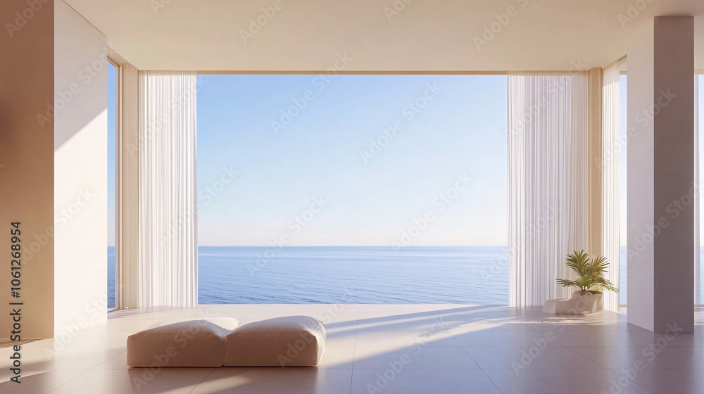 Fototapeta premium minimalist beach house interior with white sofa and ocean view