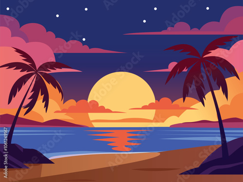 Illustration of beautiful glowing sunset in tropical beach