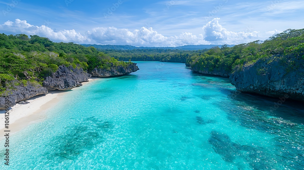 Serene tropical cove invites adventure seekers to explore its crystal-clear waters and lush surroundings Serene tropical cove invites adventure seekers to explore its crystal-clear waters and lush surroundings