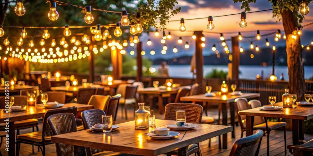 Fototapeta premium Warm restaurant lights glowing at dusk , cozy, ambiance, evening, dining, interior, illuminated, lanterns, inviting, hospitality, warm