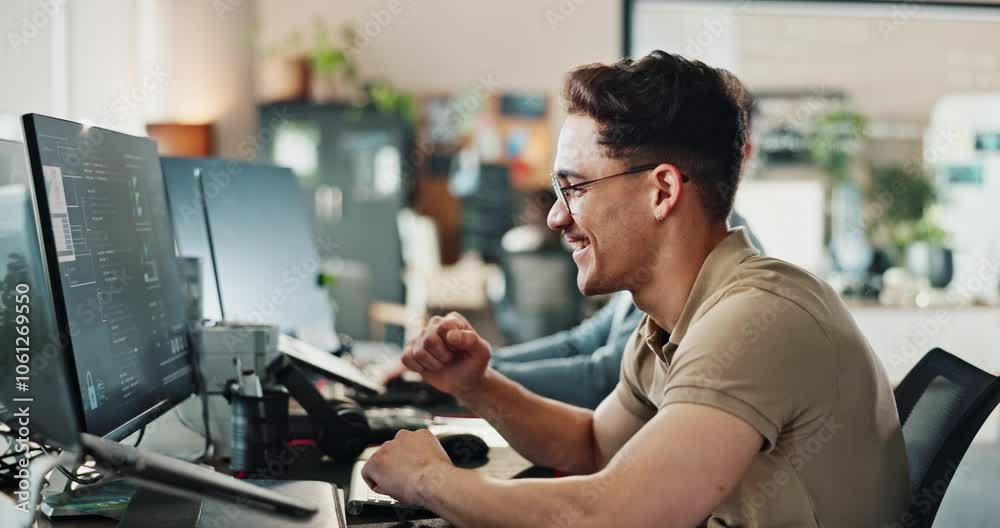 Computer, fist pump and web development with man software engineer in office for coding or programming. Desktop, motivation and winner with happy employee in workplace for design or online success Computer, fist pump and web development with man software engineer in office for coding or programming. Desktop, motivation and winner with happy employee in workplace for design or online success