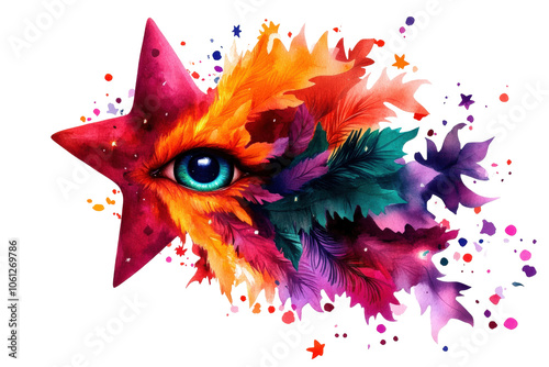 Colorful star with an eye and vibrant feathers, artistic design on white background. photo