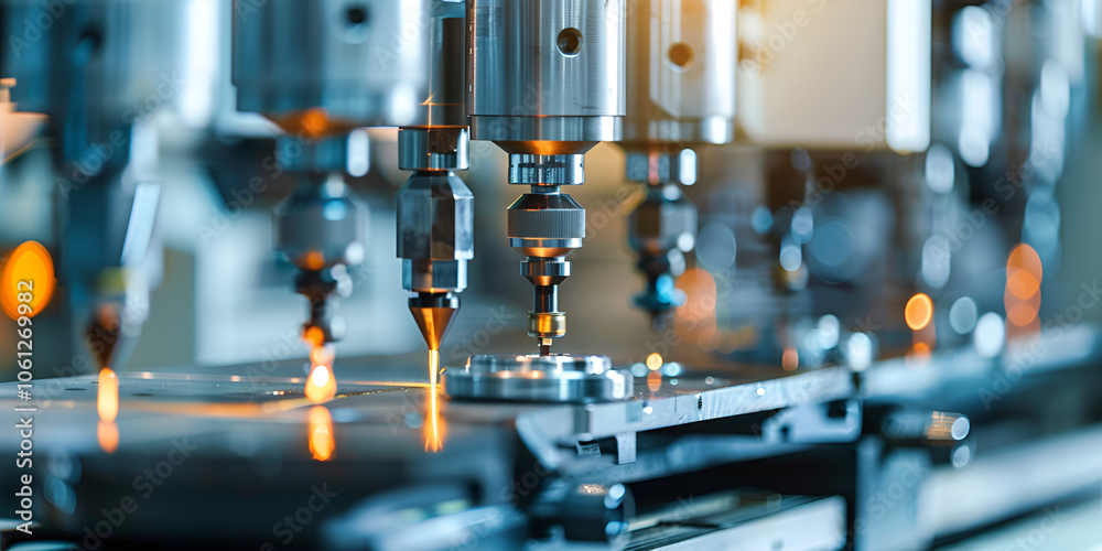 Close-Up of CNC Machine Drilling Metal Surface, Precision Engineering in Modern Manufacturing Close-Up of CNC Machine Drilling Metal Surface, Precision Engineering in Modern Manufacturing