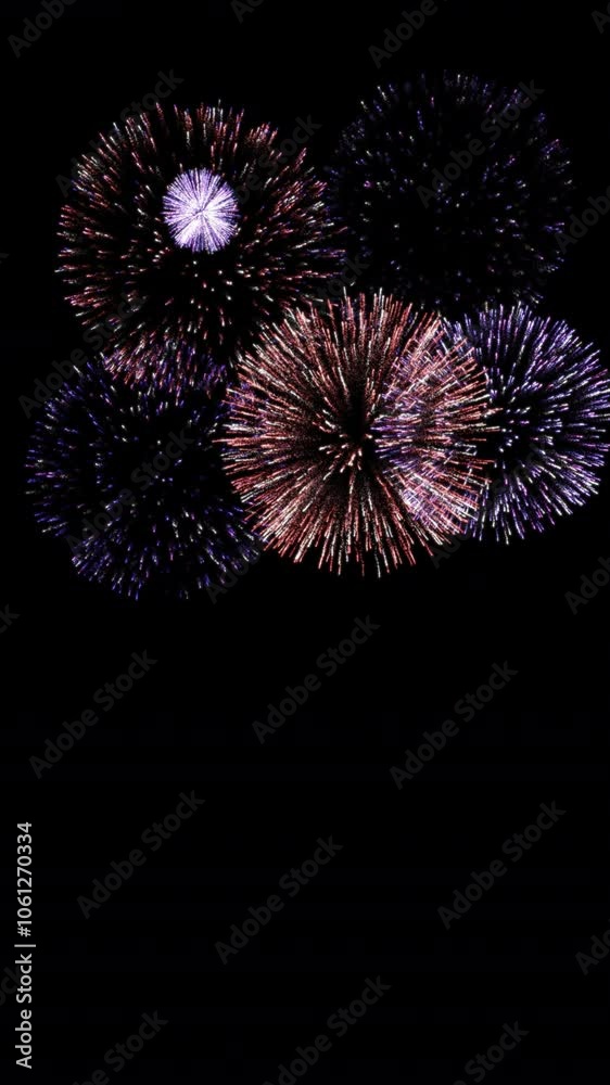 VERTICAL VIDEO, Fireworks background. abstract shining glowing fireworks show. Isolated transparent background, Alpha channel ready.