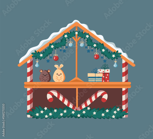 Christmas market stall with presents flat color vector object. Winter holiday fair kiosk selling gifts illustration on green background