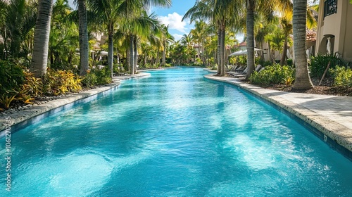 Long Swimming Pool with Palm Trees on Either Side at a Resort