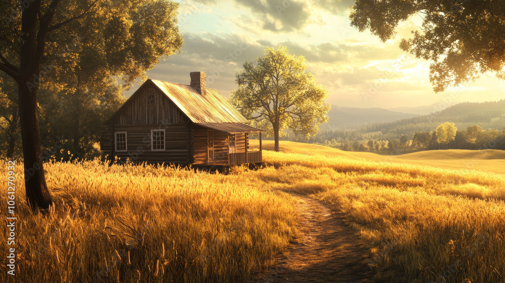 Rustic Cabin in Golden Wheat Field at Sunset Rustic Cabin in Golden Wheat Field at Sunset