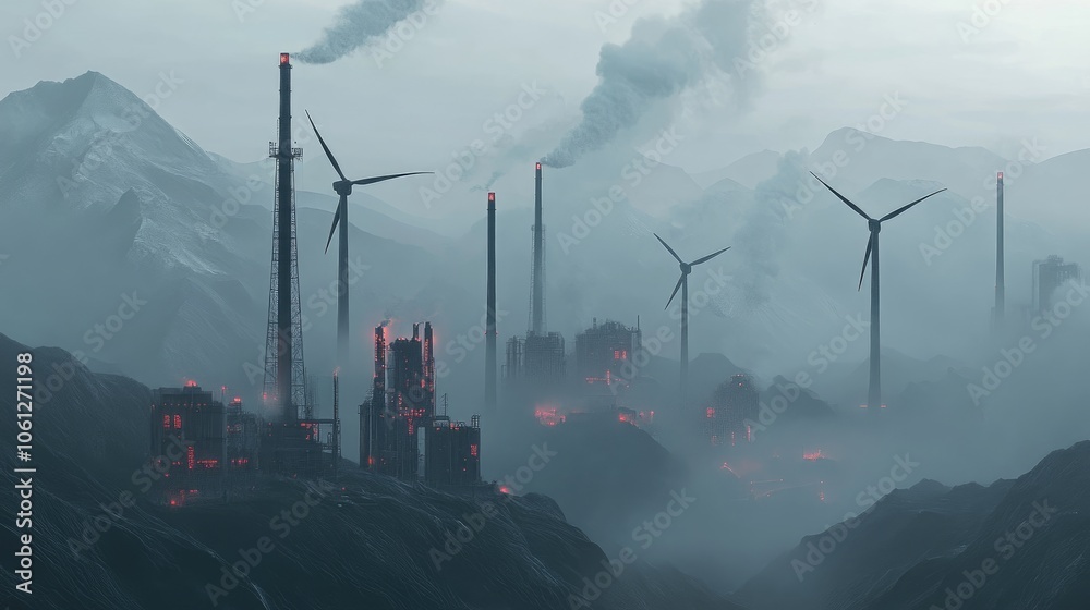 Fototapeta premium Carbon footprint, industrial factory skyline, realistic 3D illustration Sustainable energy sources, wind turbines in foggy mountains, 3D illustration