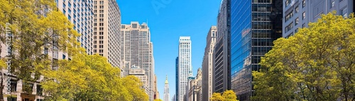 A vibrant cityscape featuring modern skyscrapers and lush trees under a clear blue sky.