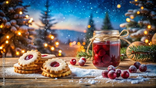 Christmas cookies, layered with raspberry jam, create a captivating double exposure against a rustic wooden backdrop.