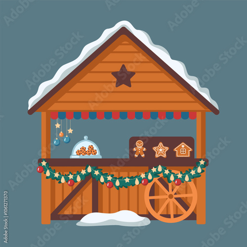Wooden market stall with Christmas decorations flat color vector object. Festive bazaar with tasty pastry illustration on green background