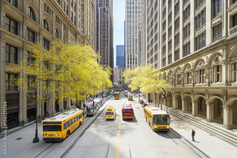 Fototapeta premium A vibrant city street scene with yellow taxis and autumn trees amidst tall buildings.