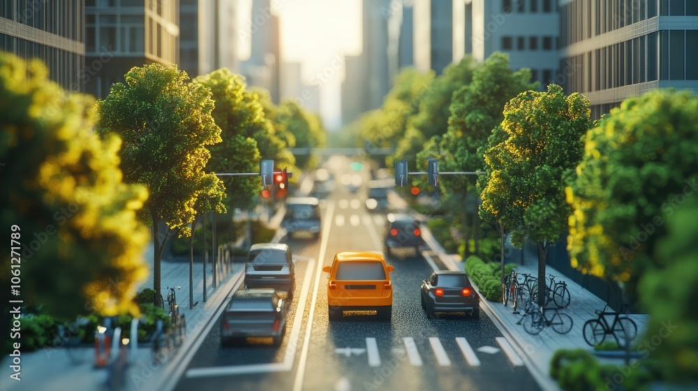 Carbon-neutral transport, bike lanes and electric cars, urban setting, 3D illustration Carbon-neutral transport, bike lanes and electric cars, urban setting, 3D illustration