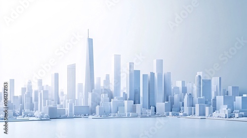 2410_013.pure white metropolitan model, high-rise financial district, pristine architectural massing study, subtle blue gradients, refined building details, clean geometric urban layout, professional