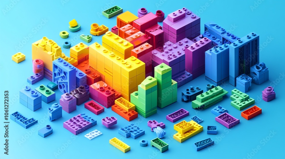 Obraz premium 2410_064.vector building set illustration, rainbow-hued blocks, diverse brick sizes, organized chaos layout, azure background, precise details, simplified 3d rendering, nostalgia-inducing design