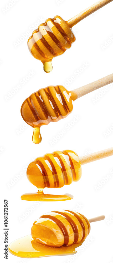 Dripping Honey on Wooden Dipper Sticks isolated on transparent background Dripping Honey on Wooden Dipper Sticks isolated on transparent background