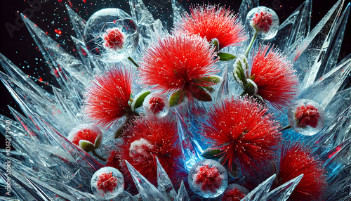 Exotic red flower surrounding thorny ices background photo