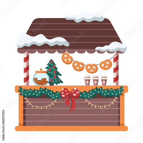 Market stall with coffee and pastry flat color vector object. Christmas market for celebrating holiday illustration on green background