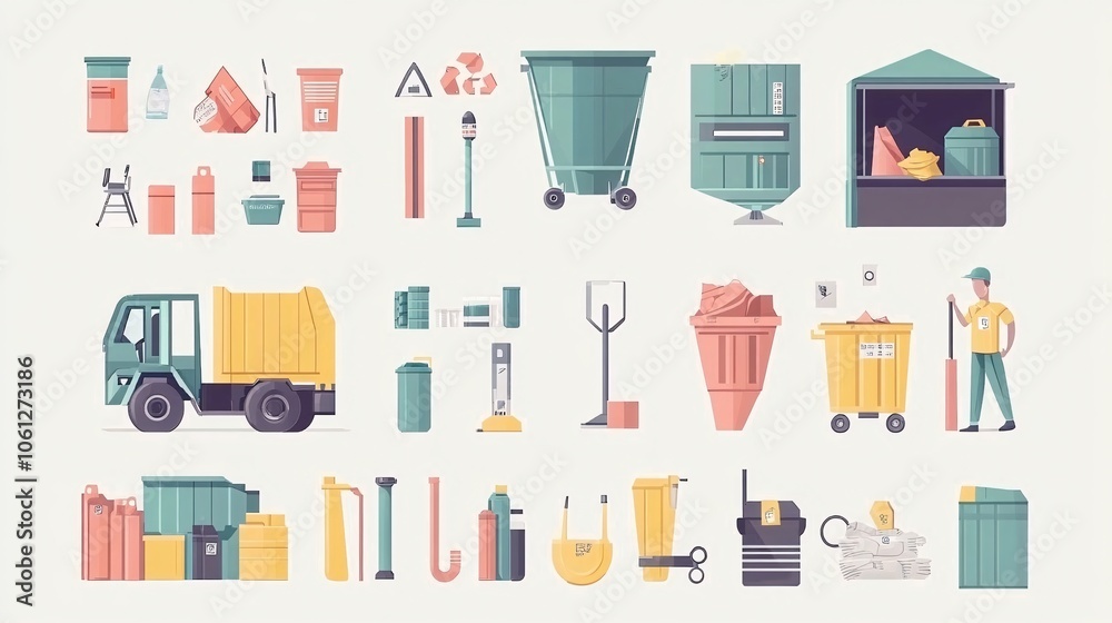 2410_037.waste management infographic elements, diverse trash containers, sanitation vehicles, sorting plant, maintenance staff, environmental icons, flat vector design, pastel color palette 2410_037.waste management infographic elements, diverse trash containers, sanitation vehicles, sorting plant, maintenance staff, environmental icons, flat vector design, pastel color palette