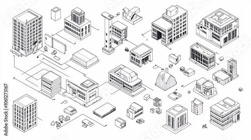 2410_080.clean line art urban icons, axonometric perspective, black outline structures on white, diverse building types, simplified geometric shapes, abstract city planning concept, isometric grid