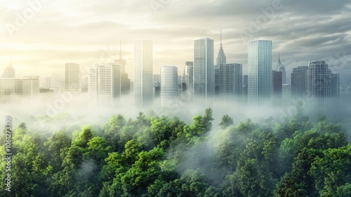 Carbon neutrality target, forested area and urban skyline, 3D illustration 