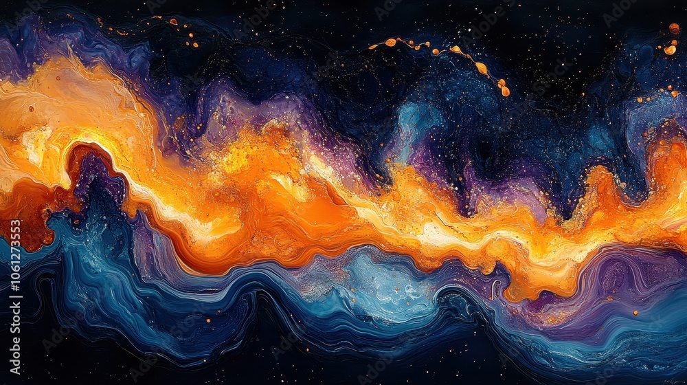 Vibrant Abstract Cosmic Wave in Bold Colors of Orange, Blue, and Purple with Dynamic Flowing Patterns and Textured Background Vibrant Abstract Cosmic Wave in Bold Colors of Orange, Blue, and Purple with Dynamic Flowing Patterns and Textured Background