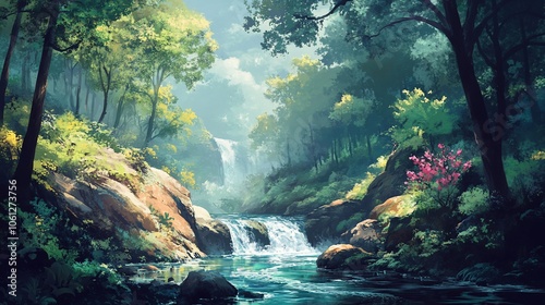 A picturesque scene of a cascading waterfall flowing through a lush, green forest.