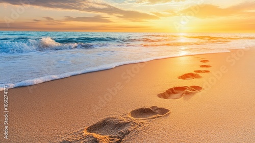 Close-up on footprints in sand towards sunset, [persistence and success], [symbolizing journey and determination] 