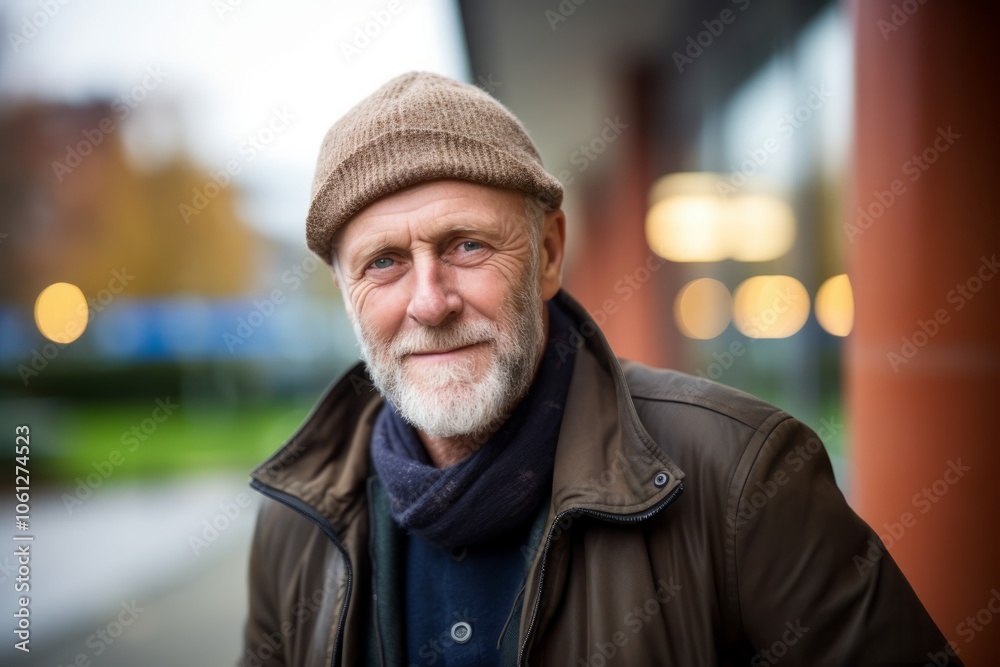Portrait of a senior man wearing a hat and scarf in the city Portrait of a senior man wearing a hat and scarf in the city