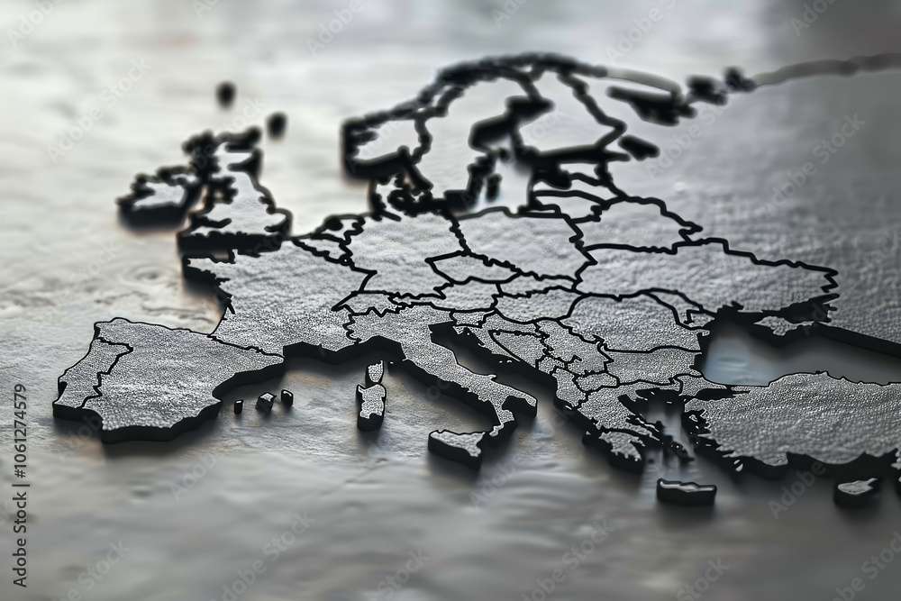 A black outline map of Europe rests on a textured, neutral surface, showcasing the different countries. The intricate details highlight the continent's geographical features and borders. A black outline map of Europe rests on a textured, neutral surface, showcasing the different countries. The intricate details highlight the continent's geographical features and borders.