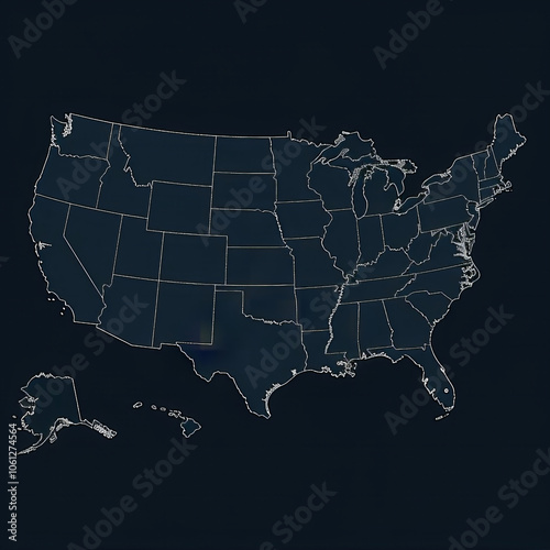 The United States map showcases clear state boundaries, emphasizing geographic divisions under a dark background, creating a stark contrast that highlights the structure of the country. photo