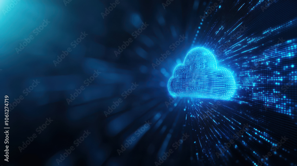 glowing digital cloud symbol surrounded by data streams, representing cloud computing and technology