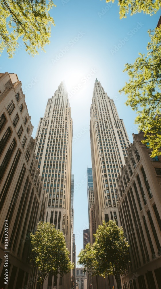 A view of two tall skyscrapers reaching towards the sun, framed by trees and blue sky. A view of two tall skyscrapers reaching towards the sun, framed by trees and blue sky.